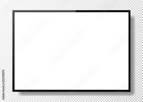 Realistic TV white screen on transparent background. Modern stylish panel. Large TV monitor display mockup. Black blank television template. Vector