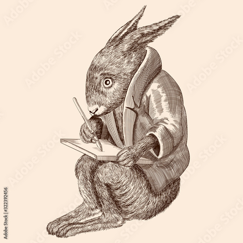 A fabulous animal hare in a jacket sits and writes on a tablet.