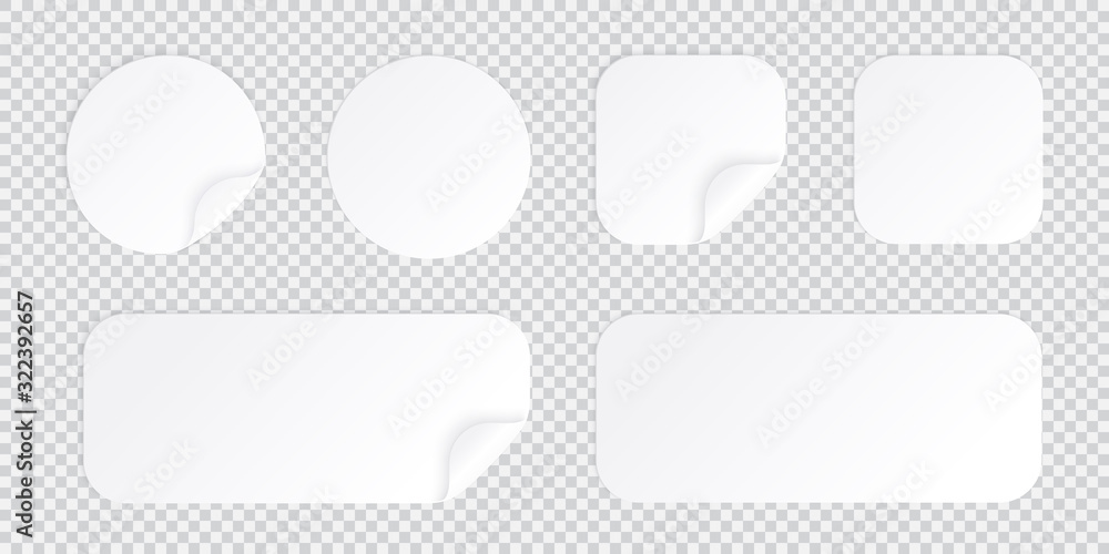 Round and square sticker with bent corner, white patches template isolated with shadow, sticky price tag or promo label with flipped folded corner vector illustration. Round and square sticker with bent corner, white patches template isolated with shadow, sticky price tag or promo label with flipped folded corner vector illustration.
