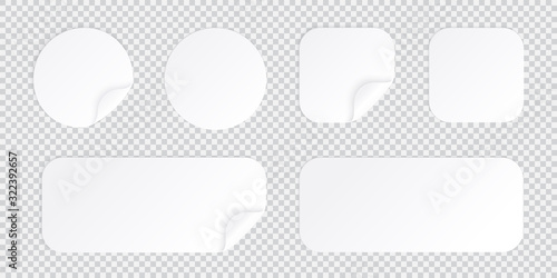 Round and square sticker with bent corner, white patches template isolated with shadow, sticky price tag or promo label with flipped folded corner vector illustration.