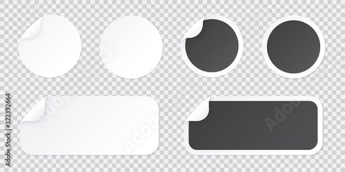 Round sticker template with peel of corner, black and white price tag or promo label template isolated on transparent background. Vector adhesive patch illustration with curled corner.