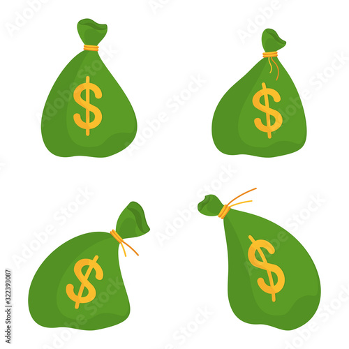 Set of tied up a green bank bag. Metaphor of success and wealth