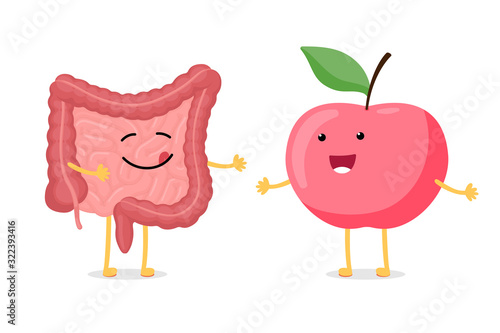 Cute cartoon healthy intestine and red smiley apple character. Abdominal cavity digestive and excretion human internal organ and vegetable food. Vector anatomy illustration