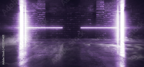 Smoke Neon Glowing Purple Pantone Sci Fi Basement Retro Club Dance Brick Walls Modern Night Dark Stage Podium Futuristic Garage 3D Rendering