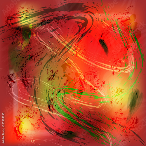 Abstract lines and spots are drawn with bristle brushes on a red background. Vector. For banners, backgrounds, wallpapers.