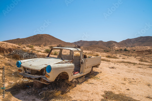 A car wreck in the desert in Tunisia
