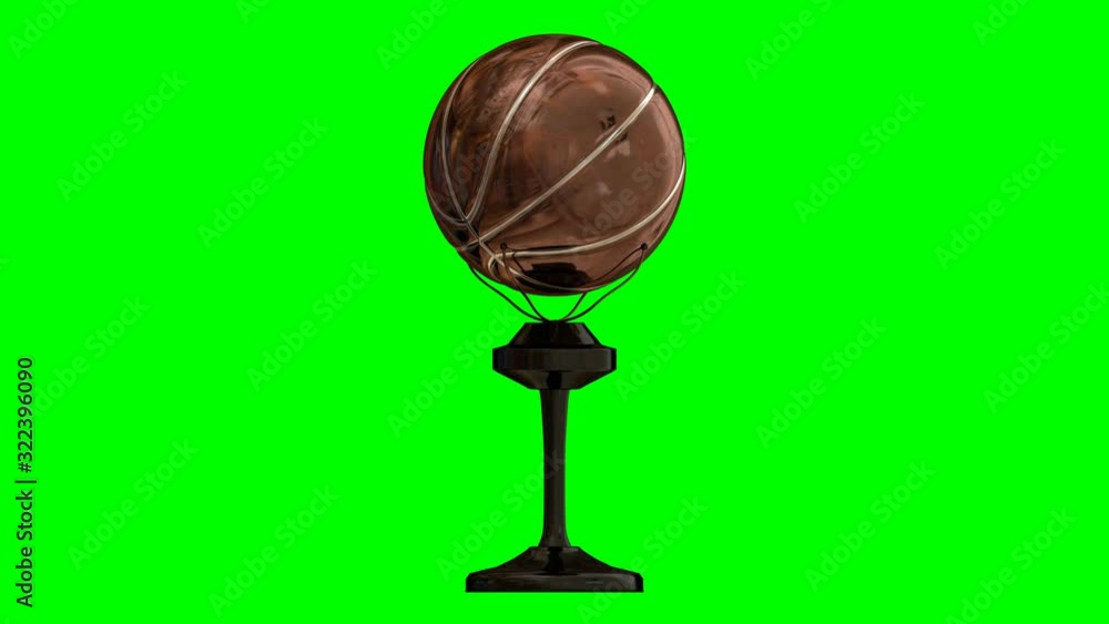 Animated simple shining bronze or third place basketball trophy, Bronze ball with silver seam and with black plastic stand and hand grip. Full 360 degree spin and loop able. green background. Animated simple shining bronze or third place basketball trophy, Bronze ball with silver seam and with black plastic stand and hand grip. Full 360 degree spin and loop able. green background.