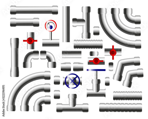 Set of industrial steel pipes allows to set up different forms pipelines with curved and straight segments. Vector illustration. EPS 10
