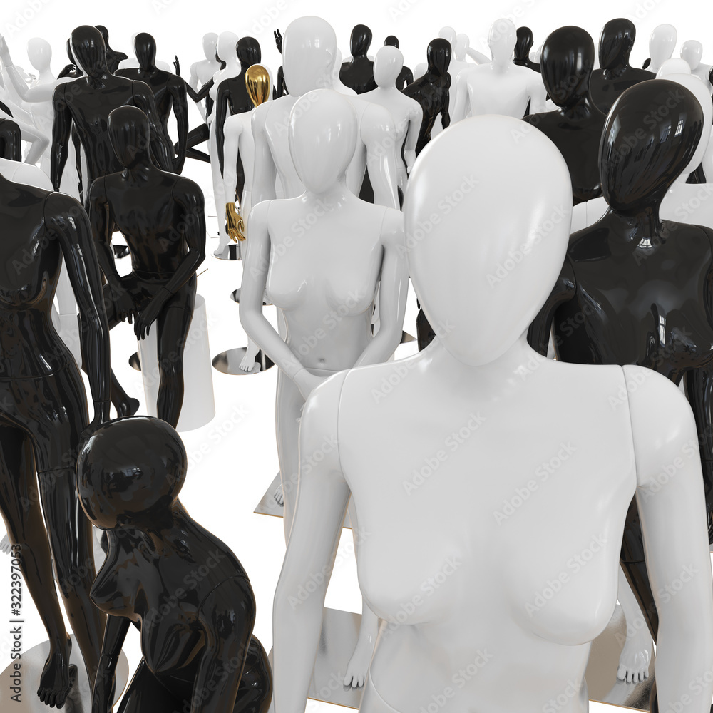 Obraz premium Female figure on the background of different mannequins. 3D rendering