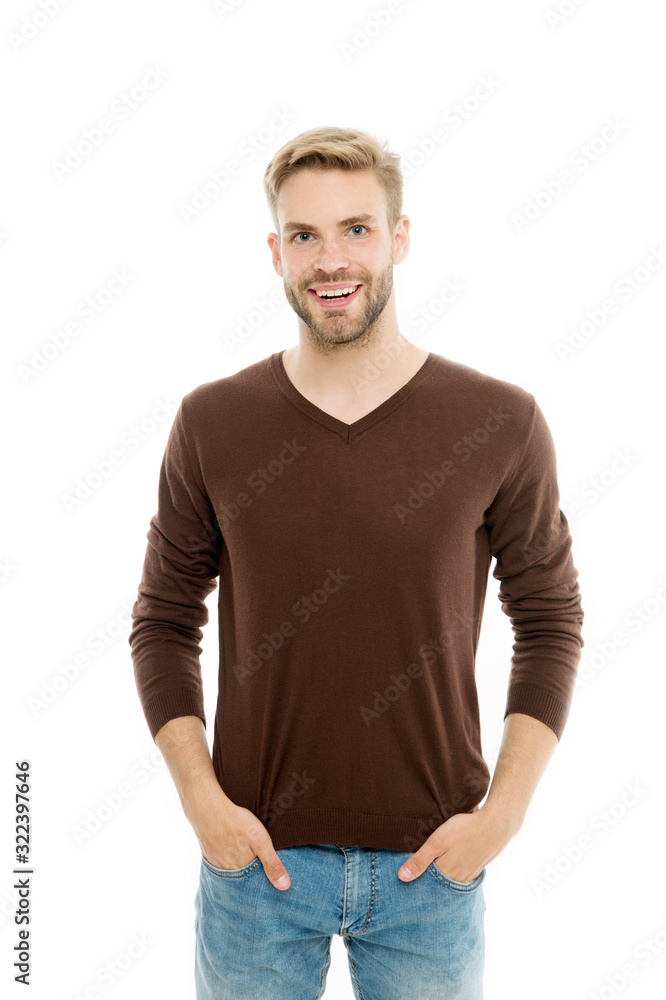 Positive emotions. Smiling man white background. Handsome man. Unshaven facial hair and stylish haircut. Caucasian man in casual style. Fashion and style. Menswear shop. Kindly smiling. Good mood Positive emotions. Smiling man white background. Handsome man. Unshaven facial hair and stylish haircut. Caucasian man in casual style. Fashion and style. Menswear shop. Kindly smiling. Good mood