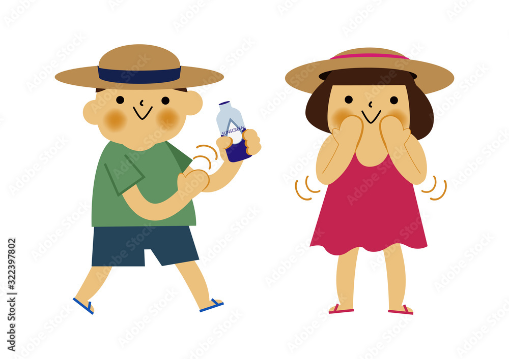  日焼け止めを塗る男の子と女の子。 夏のイラストレーション。