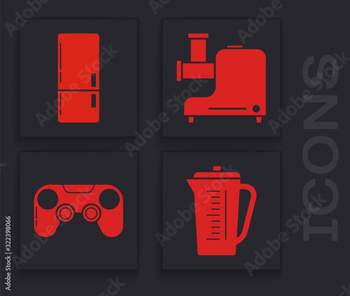 Set Measuring cup, Refrigerator , Kitchen meat grinder and Gamepad icon. Vector