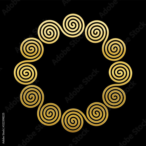 Double spiral frame, golden celtic meander circle. Interlocked combined spirals forming a geometric ancient motif, constructed from repeated lines. Vector on black background.