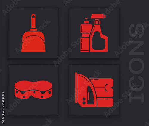 Set Electric iron and towel , Dustpan , Plastic bottles for liquid dishwashing liquid and Sponge icon. Vector