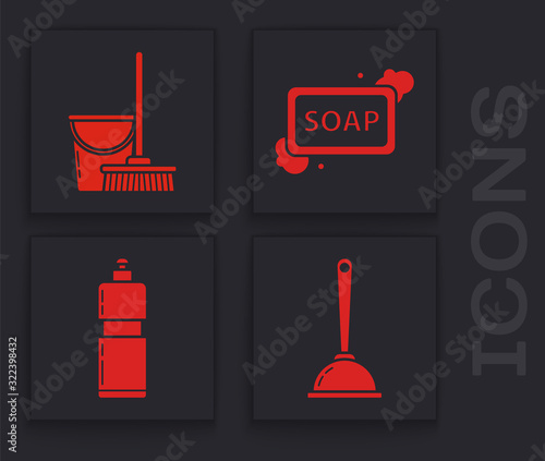 Set Toilet plunger, Mop and bucket , Bar of soap with foam and Plastic bottles for liquid dishwashing liquid icon. Vector