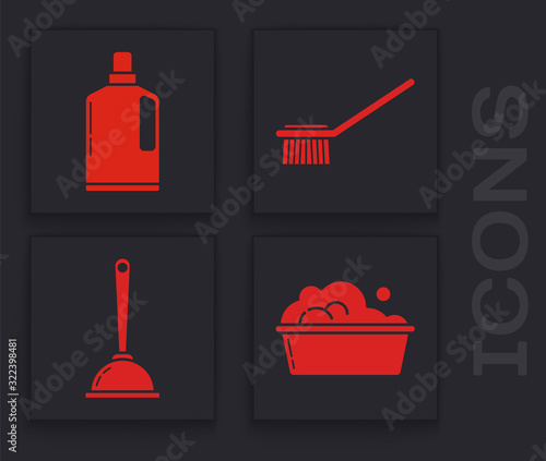 Set Plastic basin with soap suds , Plastic bottles for liquid dishwashing liquid, Toilet brush and Toilet plunger icon. Vector