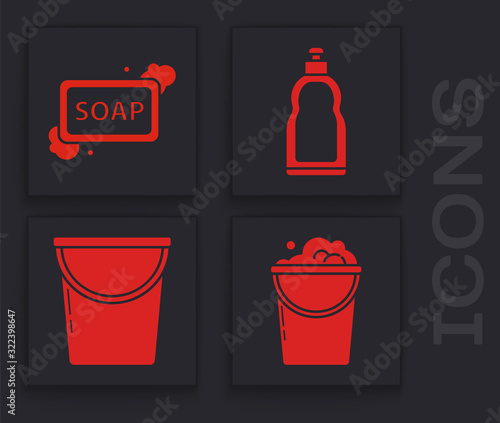 Set Bucket with foam and bubbles , Bar of soap with foam , Plastic bottles for liquid dishwashing liquid and Bucket icon. Vector
