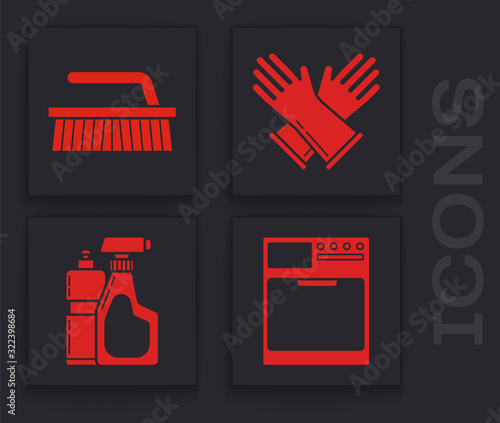 Set Washer , Brush for cleaning , Rubber gloves and Plastic bottles for liquid dishwashing liquid icon. Vector