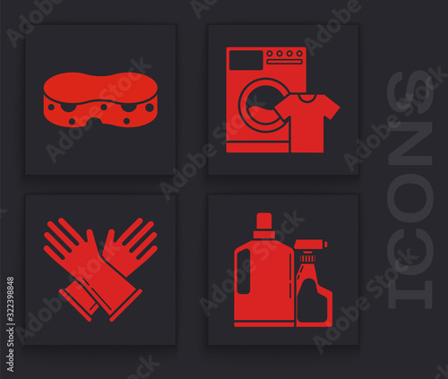 Set Plastic bottles for liquid dishwashing liquid, Sponge , Washer and t-shirt and Rubber gloves icon. Vector
