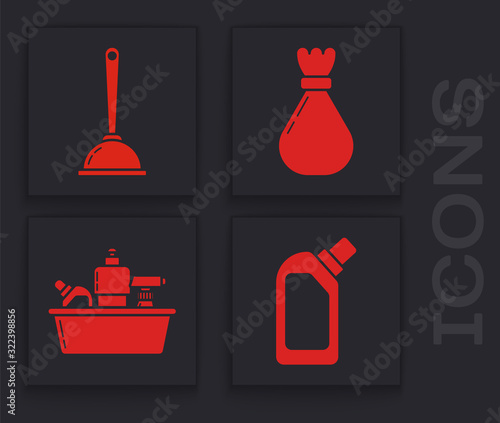 Set Plastic bottles for liquid dishwashing liquid, Toilet plunger, Garbage bag and Plastic bottles for liquid dishwashing liquid icon. Vector