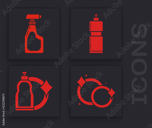 Set Washing dishes , Cleaning spray bottle with detergent liquid , Plastic bottles for liquid dishwashing liquid icon. Vector