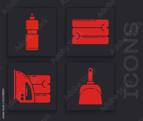 Set Dustpan , Plastic bottles for liquid dishwashing liquid, Towel stack and Electric iron and towel icon. Vector