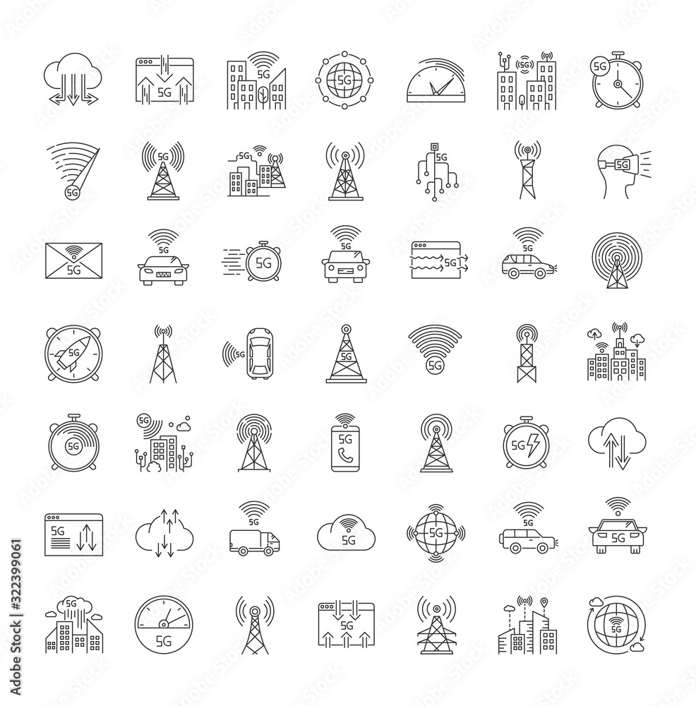 5G wireless technology pixel perfect linear icons set. World standard. Improved internet signal. Customizable thin line contour symbols. Isolated vector outline illustrations. Editable stroke