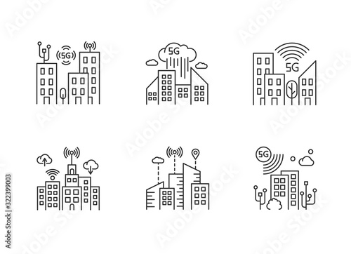 5G smart city pixel perfect linear icons set. Urban intelligence. Mobile cellular network coverage. Customizable thin line contour symbols. Isolated vector outline illustrations. Editable stroke