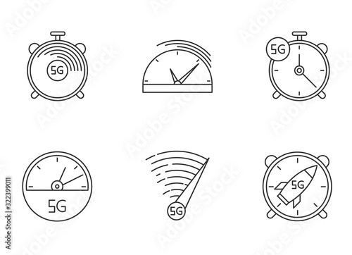 5G fast speed connection pixel perfect linear icons set. Stop-watches, speedometer. Low latency Internet. Customizable thin line contour symbols. Isolated vector outline illustrations. Editable stroke