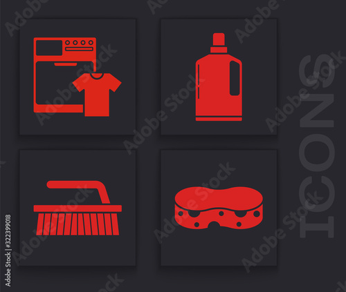 Set Sponge , Washer and t-shirt , Plastic bottles for liquid dishwashing liquid and Brush for cleaning icon. Vector