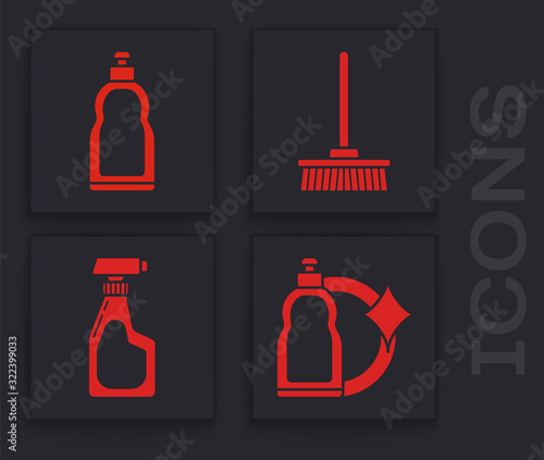 Set Plastic bottles for liquid dishwashing liquid, Mop and Cleaning spray bottle with detergent liquid icon. Vector