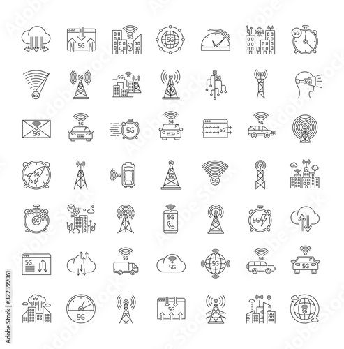 5G wireless technology pixel perfect linear icons set. World standard. Improved internet signal. Customizable thin line contour symbols. Isolated vector outline illustrations. Editable stroke