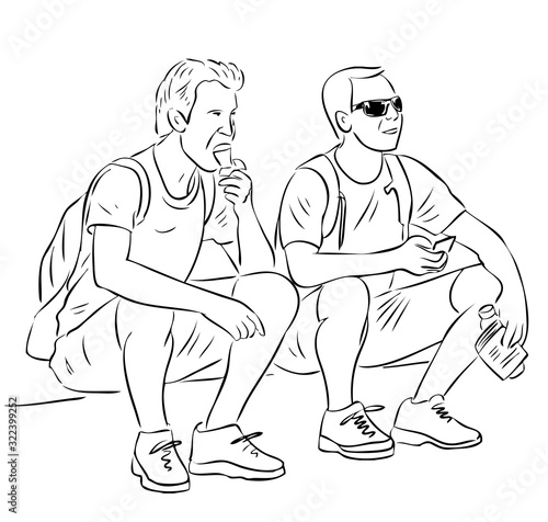 Vector contour drawing of tourists sitting and resting during a walk