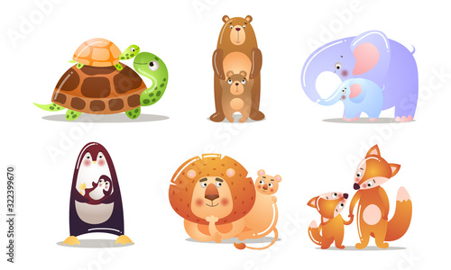 Set of cute cartoon animals with their kids. Vector illustration in flat cartoon style.