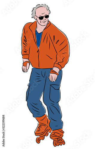 Vector image of elderly townsman rollers skating