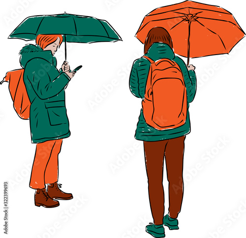 Vector image of student standing under umbrellas