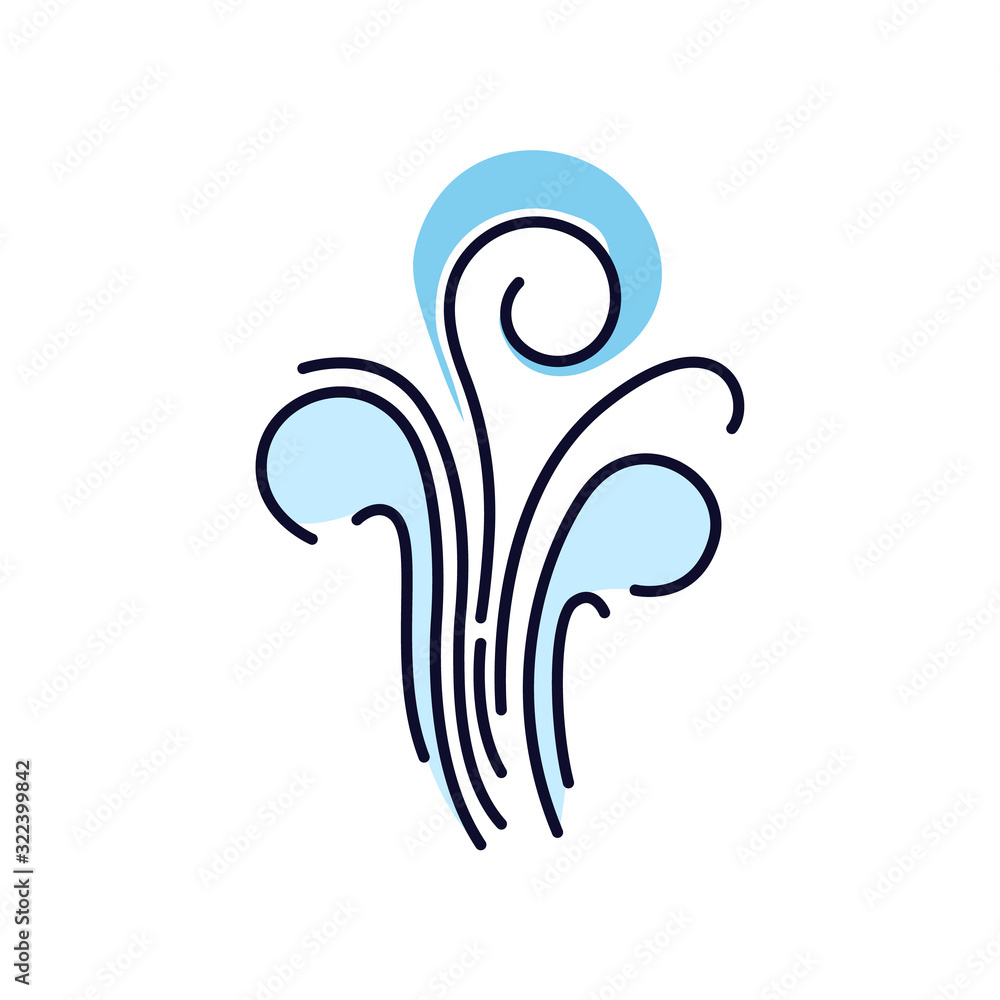 Air swirl blue RGB color icon. Cold fresh wind gust. Whirlwind. Good smell, evaporation. Aromatic fragrance. Smoke puff, breeze. Cool windy stream, fume. Isolated vector illustration Air swirl blue RGB color icon. Cold fresh wind gust. Whirlwind. Good smell, evaporation. Aromatic fragrance. Smoke puff, breeze. Cool windy stream, fume. Isolated vector illustration