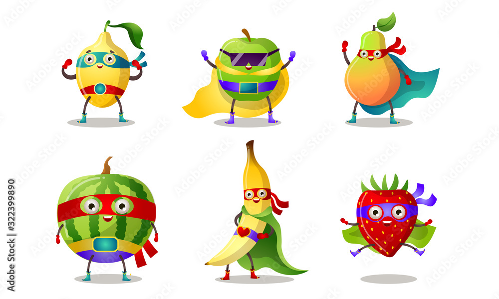 Set of superhero humanized characters fruit and berry in masks and capes. Vector illustration in flat cartoon style. Set of superhero humanized characters fruit and berry in masks and capes. Vector illustration in flat cartoon style.