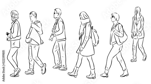 Vector outline drawing of casual city pedestrians walking along street
