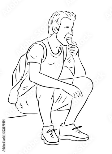 Vector outline drawing of a tourist sitting and eating ice cream during a walk