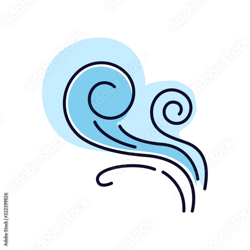 Wind whirl blue RGB color icon. Cold fresh air swirl. Whirlwind. Good smell, evaporation. Aromatic fragrance. Smoke puff, breeze. Blowing wind spirals, fume. Isolated vector illustration