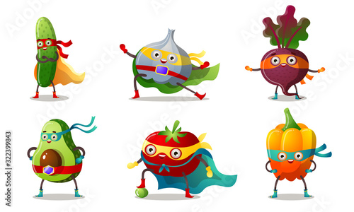 Set of superhero humanized vegetables in masks and capes. Vector illustration in flat cartoon style.