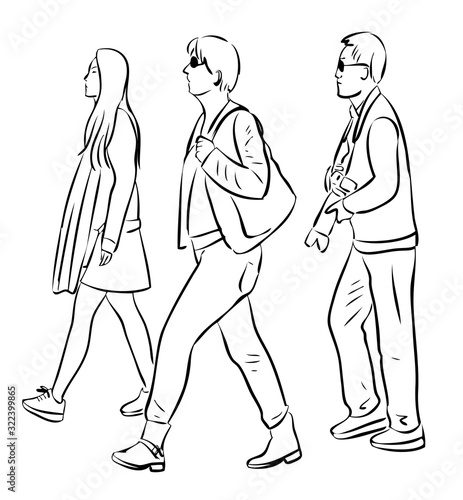 Vector outline drawing of family tourists going on a stroll