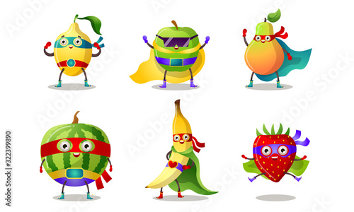 Set of superhero humanized characters fruit and berry in masks and capes. Vector illustration in flat cartoon style.