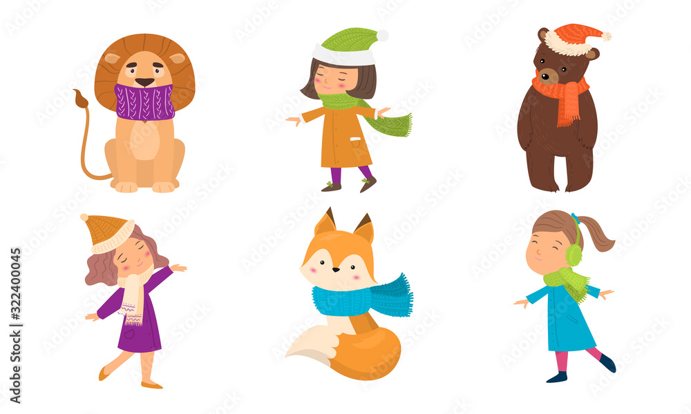 Set of different colorful scarves on girls and animals. Vector illustration in flat cartoon style. Set of different colorful scarves on girls and animals. Vector illustration in flat cartoon style.