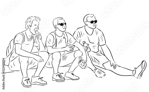 Vector outline drawing of tourists sitting and resting during a walk