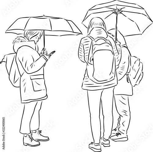 Vector outline drawing of teen students standing under umbrellas