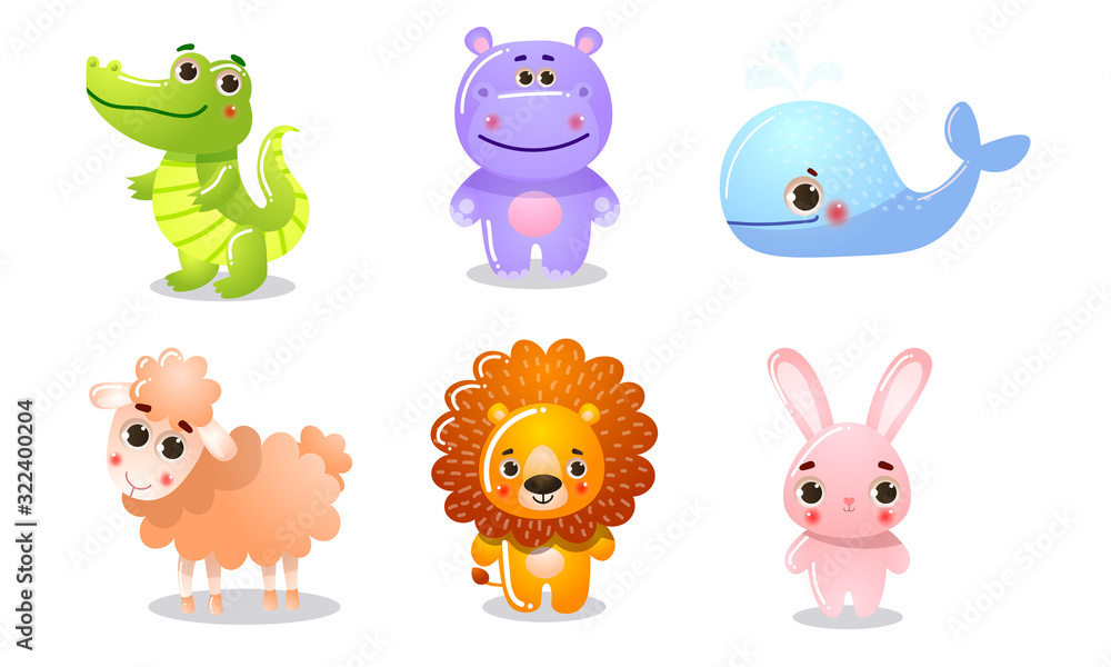 Fototapeta premium Set of different colorful cute animals. Vector illustration in flat cartoon style.