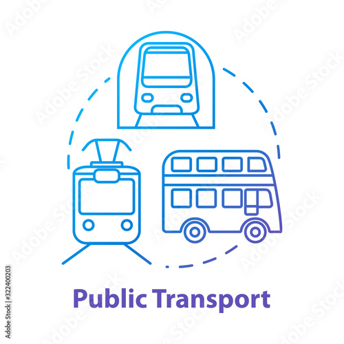 Public transport concept icon. Affordable travel means, budget tourism idea thin line illustration. Urban transportation. Subway train, bus and tram vector isolated outline RGB color drawing