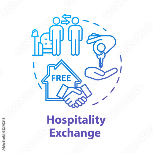 Hospitality exchange concept icon. Budget tourism, cheap accommodation idea thin line illustration. Affordable rest. Free stay arrangement. Vector isolated outline RGB color drawing